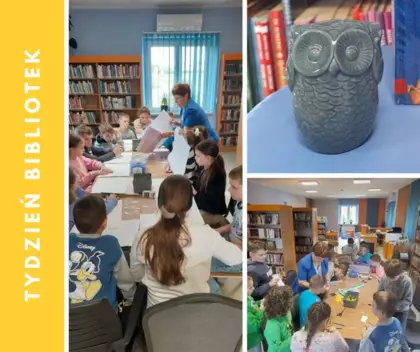 Kolaż zdjęć. Wizyta trzecioklasistów w bibliotece.