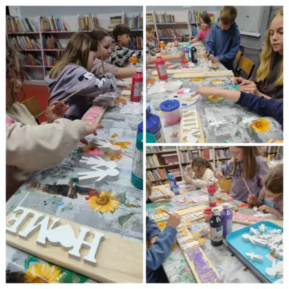 Kolaż zdjęć z zajęć bibliotecznych.