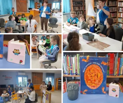 Kolaż zdjęć. Wizyta trzecioklasistów w bibliotece.