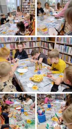 Kolaż zdjęć. Dzieci wycinają i ozdabiają kwiatki.