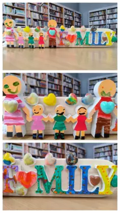 Kolaż zdjęć z zajęć bibliotecznych.