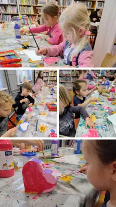 Kolaż zdjęć. Dzieci malują gipsowe serduczka.