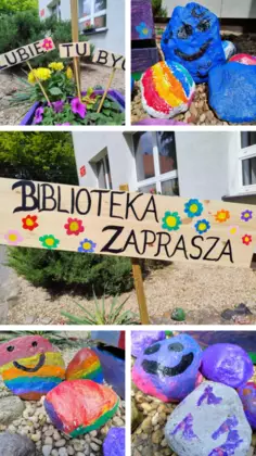 Kolaż zdjęć z zajęć bibliotecznych.
