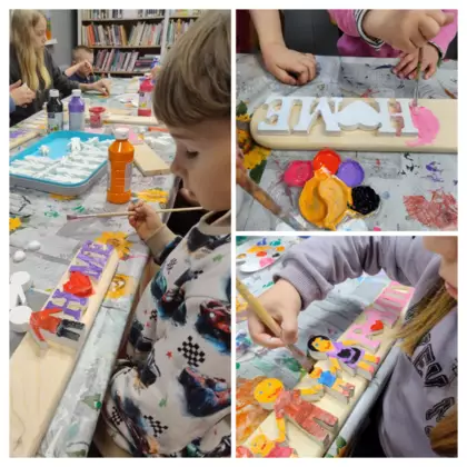 Kolaż zdjęć z zajęć bibliotecznych.