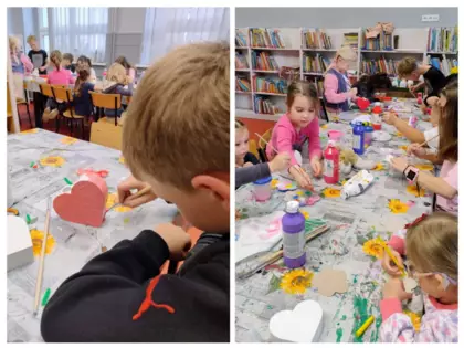 Kolaż zdjęć. Dzieci malują gipsowe wazony w kształcie serca.