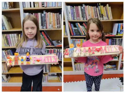 Kolaż zdjęć z zajęć bibliotecznych.