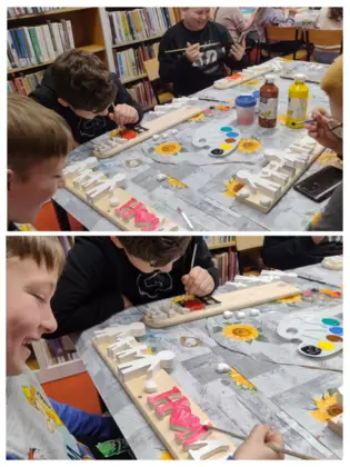 Kolaż zdjęć z zajęć bibliotecznych.