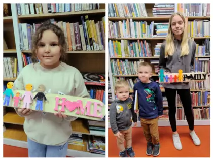 Kolaż zdjęć z zajęć bibliotecznych.