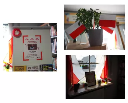 Trzy zdjęcia pokazujące flagi Polski, godło i plakat z Panem Markiem Szołtyskiem.