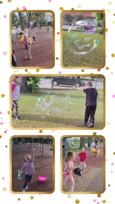 Kolaż zdjęć. Dzieci puszczają duże bańki.