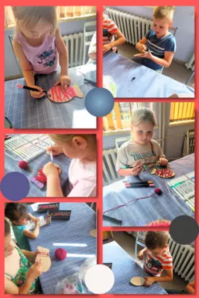 Kolaż zdjęć. Na zdjęciach przedstawione są dzieci, które są w trakcie robienia rybki.