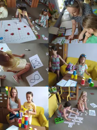 Kolaż zdjęć z zajeć  kodowania z robotami.