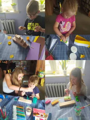Kolaż zdjęć ze zajęć plastycznych.