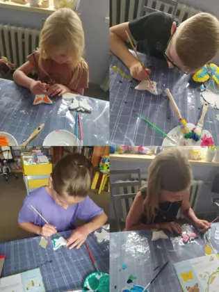 Kolaż zdjęć ze zajęć plastycznych.