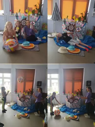 Kolaż zdjęć z zabawy piłką plażową.