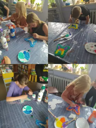 Kolaż zdjęć ze zajęć plastycznych.