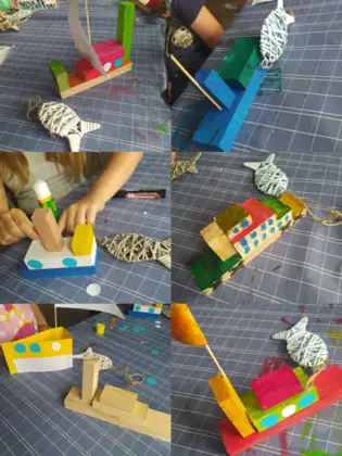 Kolaż zdjęć ze zajęć plastycznych.