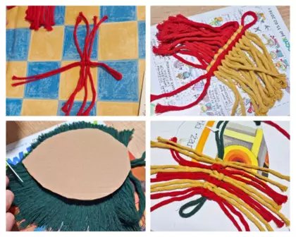 Kolaż zdjęć. Sznurki w trakcie wiązania. Przyszłe makramowe listki.
