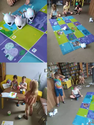 Kolaż zdjęć z zajeć  kodowania z robotami.