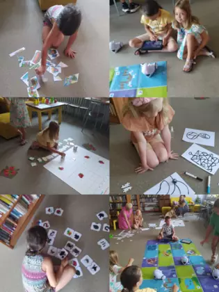 Kolaż zdjęć z zajeć  kodowania z robotami.