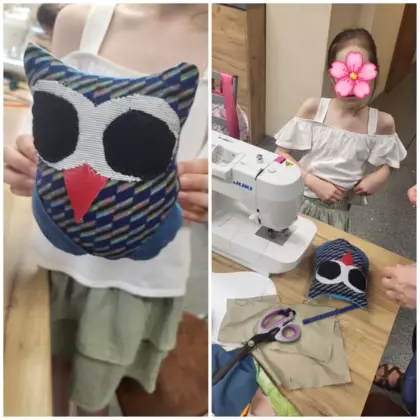 kolaż zdjęć z zajęć dziewczyny z uszytą sówką.