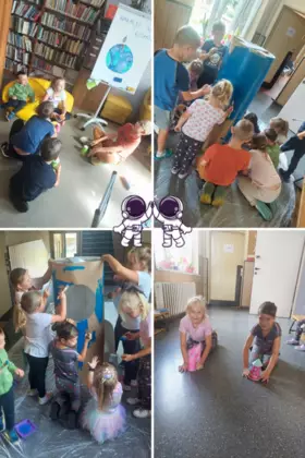 Kolaż zdjęć. Dzieci malują dużą rakietę niebieską farbą oraz robią próby swoich mini rakiet.