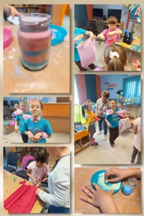 Kolaż zdjęć. Trzecie zajęcia. Dzieci robią strój na pokaz mody.