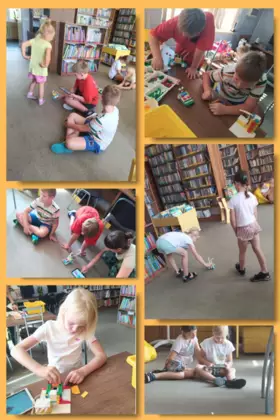 Kolaż zdjęć. Dzieci wypróbowują swoje pojazdy, które zbudowali z klocków lego.