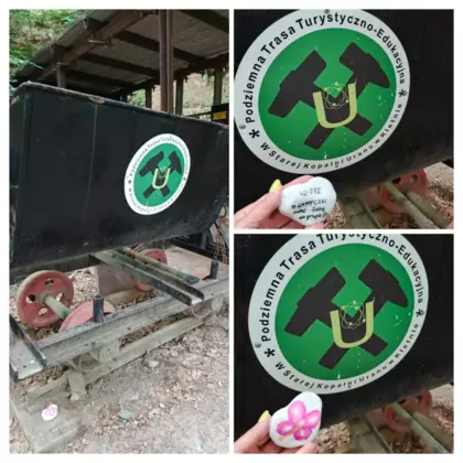 Zdjęcia przedstawiają wagonik kopalni w Kletnie gdzie zostawione zostają kamyczki pomalowane na zajęciach.