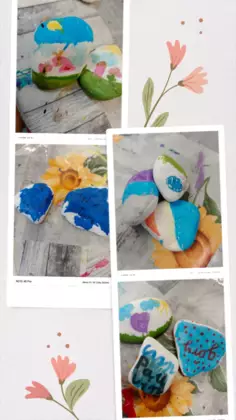 Kolaż zdjęć kolorowych kamyków.