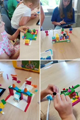 Kolaż zdjęć. Świat lego. Dzieci budują pojazdy z klocków lego.