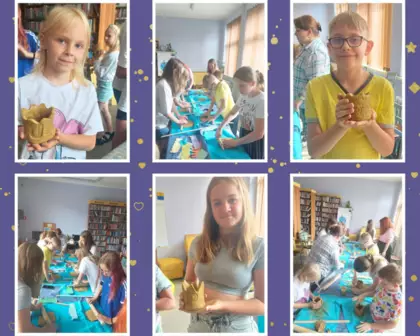 Kolaż zdjęć, przedstawia pracę nad glinanymi kubeczkami.