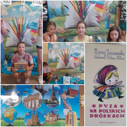 Kolaż zdjęć z zajęć bibliotecznych na których dzieci wykonują pudełka na wakacyjne skarby.