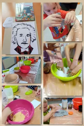 Kolaż zdjęć. Czwarte wakacyjne zajęcia. Dzieci robią masy sensoryczne.