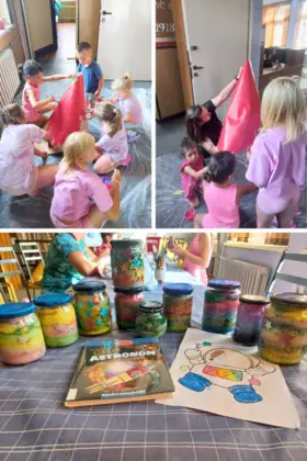 Kolaż zdjęć. Uczestniczy malują drugą część duzej rakiety oraz zdjęcie które przedstawia prace dzieci.