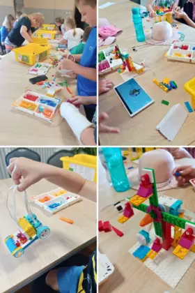 Kolaż zdjęć. Świat lego. Dzieci budują pojazdy z klocków lego.