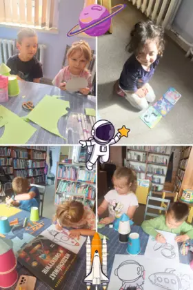 Młodsze dzieci kolorują kredkami rakiety.