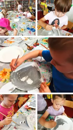 Kolaż zdjęć dzieci malujących maski wilka.