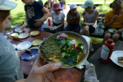 Na talerzu sałatka z kwiatów i bułka posmarowana pesto. W tle dzieci rozmawiają przy stole.
