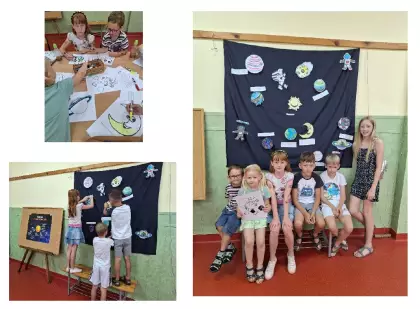 Kolaż zdjęć przedstawia dzieci na zajęciach plastycznych.