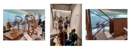 Trzy zdjęcia z klatką schodową i drewnianymi przyrządami Mikołaja Kopernika.