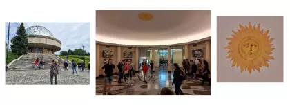 Trzy zdjęcia: Planetarium od strony wejścia głównego, kolisty hol główny i namalowane Słońce na suficie.