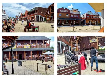 Cztery zdjęcia z ulicy Twinpigs Park z domami w stylu dzikiego zachodu i aktorami grającego scenę teatralną.