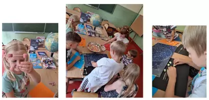 Kolaż zdjęć przedstawia dzieci na zajęciach plastycznych