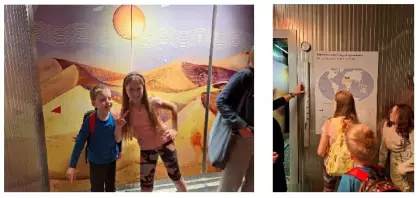 Dwa zdjęcia z dziećmi na tle obrazu z pustynią i z dziećmi patrzącymi na duży termometr na metalowej ścianie.