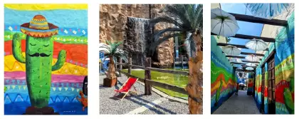 Trzy zdjęcia z malowidłem kaktusa w meksykańskim kapeluszu, z wodospadem i sztucznymi palmami oraz z kolorowym tunelem, nad którym wiszą białe parasolki.