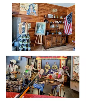 Dwa zdjęcia z wnętrzami rodem dzikiego zachodu, z przedmiotami i manekinami.
