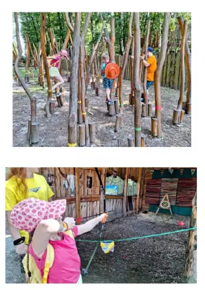 Zdjęcie z dziewczynką strzelającą z łuku do tarczy oraz zdjęcie z trójką dzieci wspinającą się na drewnianych słupach.