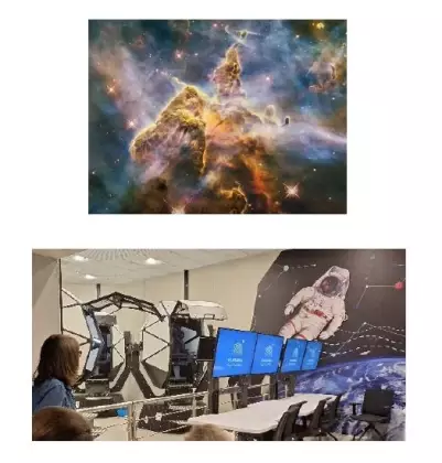 Dwa zdjęcia z kapsułami do siedzenia i ekrany przy biurku oraz obraz przedstawiający kosmos.