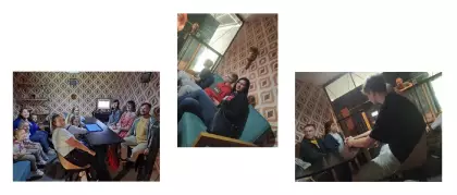 Trzy zdjęcia z pokojem, w którym ludzie siedzą przy stoliku i oglądają stary telewizor. 